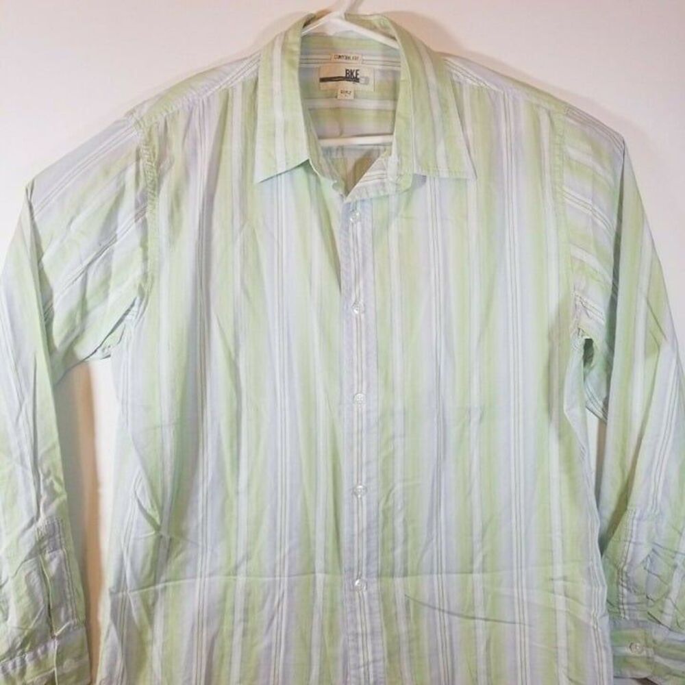 BKE Mens LARGE Green White Striped Contour Fit Button Down Long Sleeve Shirt
